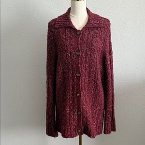L.L. Bean Women’s Burgundy Wool Blend Cable Knit Button Front Cardigan Sweater L